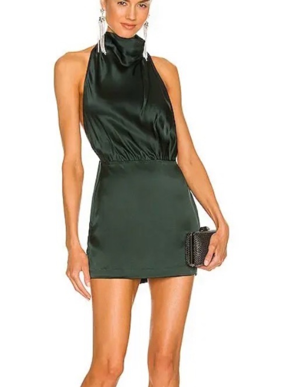 Satin Halter Mini Dress in Dark Green - Picture 1 of 3
